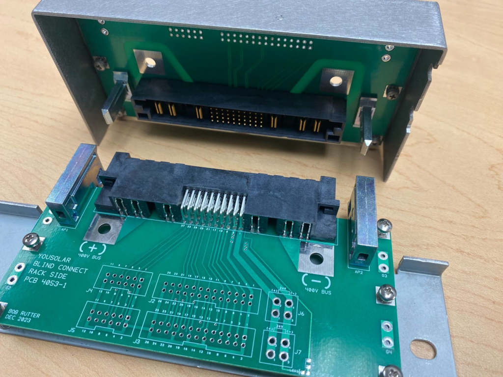 Prototype of the PowerBloc’s new blind mate connector. The connectors can float in three axes to ensure a secure connection. Sensors confirm that a connection has been made.