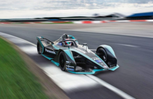 A Formula E car by Panasonic Jaguar Racing. Formula E, created in 2011, races electric cars.