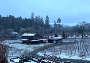 Snow in the wine country. A solar-powered home outside Calistoga, California, on February 24, 2023