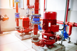 This image shows an industrial fire suppression system driven by powerful electric pumps. Such systems are also used to protect high-value homes in particularly wildfire-prone areas.