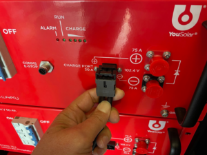 YouSolars' new 2-pole power connector for power inputs, including from the solar array, utility, or generator.