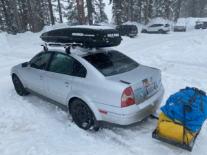 Decamping from Heidelmann Lodge. The 2003 Passat of Founder and CEO Arnold Leitner, packed and ready to leave.
