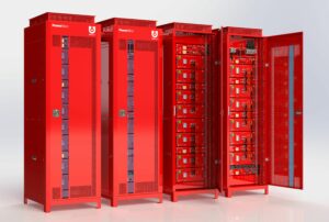 The picture above shows a four-cabinet Gen 3 PowerBloc with 48 kW of AC power, 140 kWh of energy storage, up to 40 kW of solar, and up to 24 kW of utility and generator integration. This image is an engineering rendering of modules and cabinets in production.
