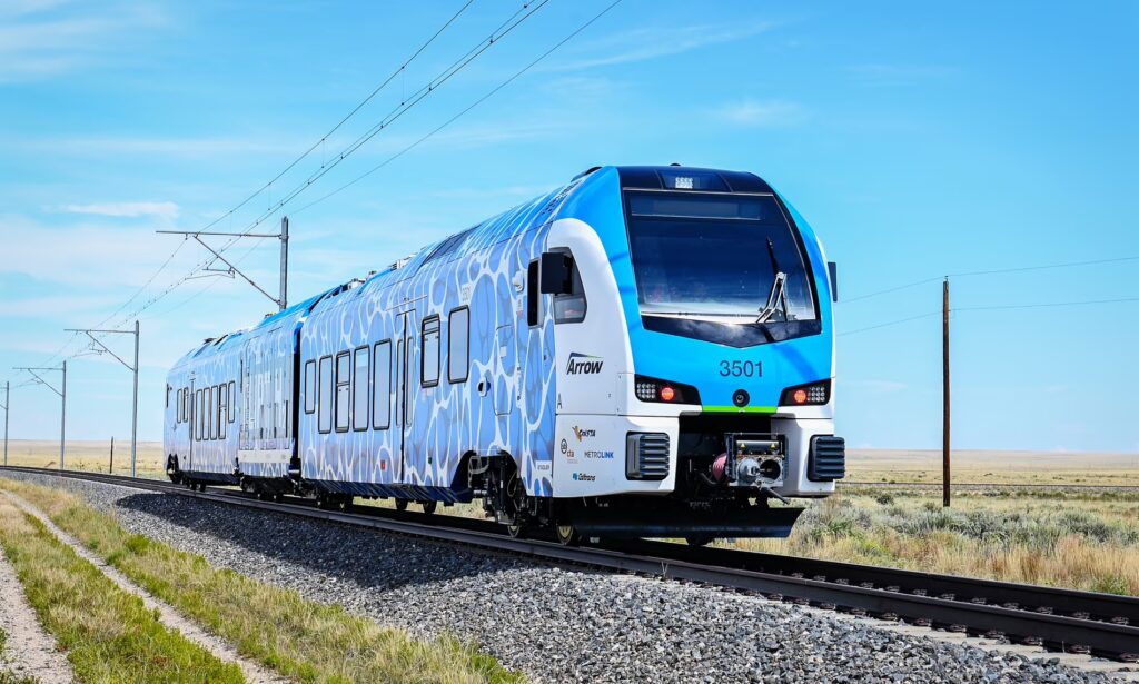 California’s new hydrogen fuel-cell powered train, ZEMU, on the Arrow Corridor serving San Bernardino. California’s new hydrogen fuel-cell powered train, ZEMU, on the Arrow Corridor serving San Bernardino.